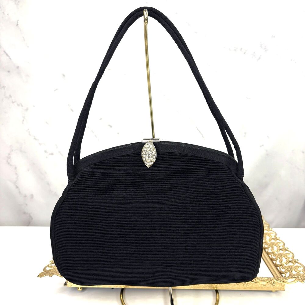 Vintage 1940s Black Evening Handbag Clutch Purse Rhinestone Clasp Art Deco MCM